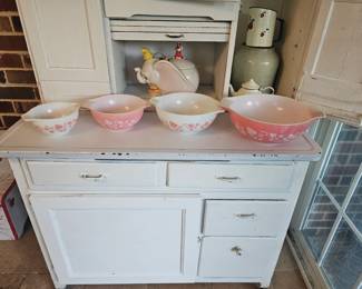 Gooseberry Pyrex and hoosier cabinet