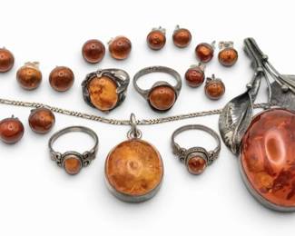 Sterling Silver Amber Earrings, Rings, Brooch, and Necklace 60g Total