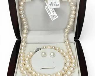 Fresh Water Pearl Sterling Silver Jewelry Set W Box