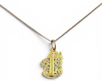14k Gold 1 Mom Pendant w Dainty 15 Chain Necklace 1.52g Total