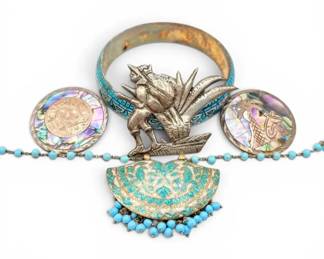 Sterling Silver Abalone Brooches with Meenakari Jewelry 70g Total