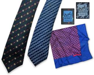 Hermes Mens Silk Ties Pocket Square w COA
