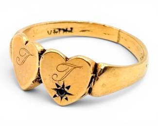 14k Gold Double Heart Monogram TT Signet Ring, Size 5.5 2.47g