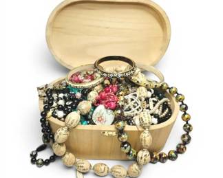 Mystery Costume Jewelry Beads w Wooden Box