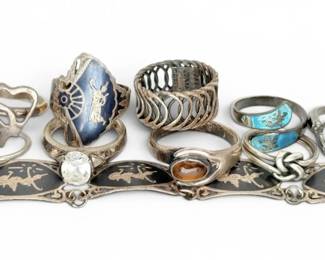 Sterling Silver 10k Gold Flower Ring, Siam Sterling Bracelet, More Silver Rings 42g Total