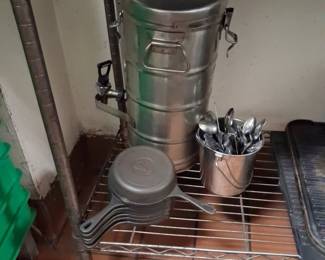 Commercial Grade Stainless Steel Beverage Dispenser and Stacked Cast Iron Skillets (Wagner Ware)