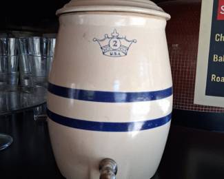 2-Gallon Robinson Ransbottom Stoneware Water Cooler Crock with Spigot and Blue Bands