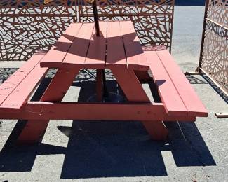 Red Wooden Picnic Table with Umbrella Hole