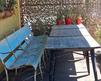 Vintage "Faux Bois" Cast Aluminum Garden Bench and Table Set