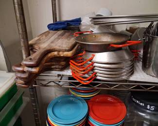 Assorted Commercial Cookware and Fiesta Ware Dinner Plates