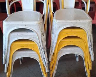 Set of Yellow and Distressed White Tolix Style Metal Stacking Chairs