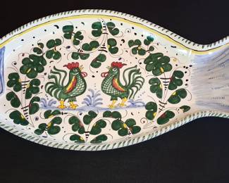 Italian Ceramic Fish Platter with Roosters - Fina Deruta