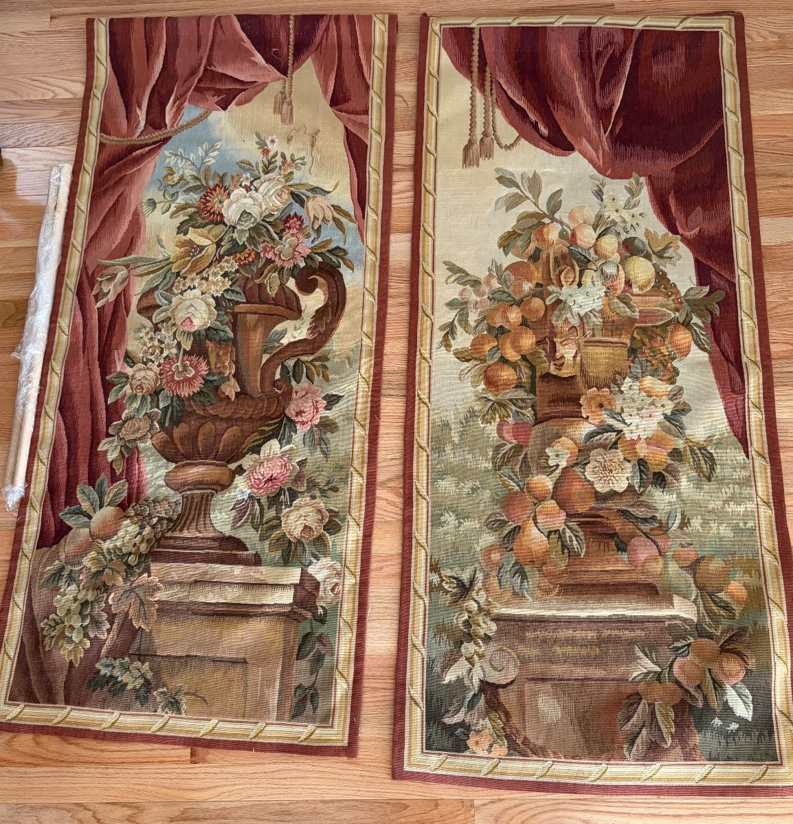 These items are French-style Aubusson wall tapestry panels depicting floral and fruit bouquets.