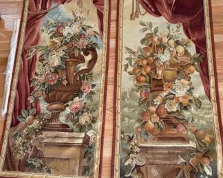 These items are French-style Aubusson wall tapestry panels depicting floral and fruit bouquets.