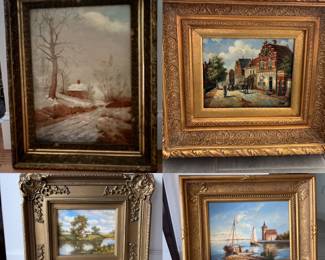 Original oil paintings depicting landscapes and city