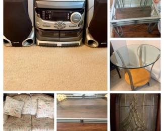 GPX Compact home music system, Contemporary side table, Decorative arched glass door insert (no hardware)