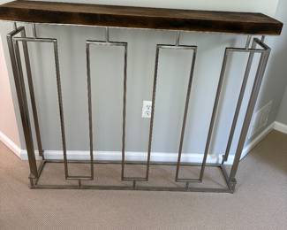 Geometric brushed metal with wood top console table