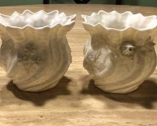 Belleek Ireland Porcelain Cream Flower Pots - Green back stamp - Circa 1946