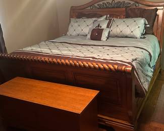 King size bed with beautiful head and foot boards!  Very nice mattress set, too, like new!  Chest is also on sale.