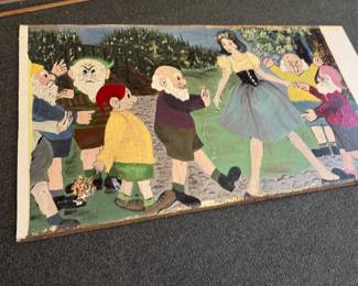 Vintage Snow White art on hidden panel behind chalkboard