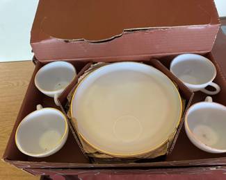 A dizen vintage glass & gold snack sets in original boxes!!!!