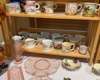 Porcelain Mustache cups and pink depression glass