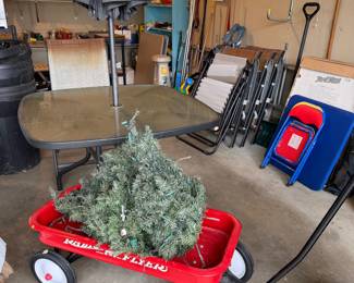 Radio Flyer red wagon, patio table and chairs, umbrella