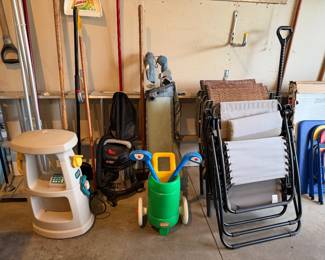 Kids toys, golf clubs, patio chairs