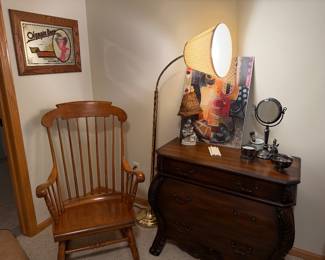 rocker, antique dresser, Olympia beer mirror