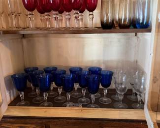 red, white, blue stem ware