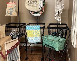 METAL ROLLING LAUNDRY BASKETS, VINTAGE SHOPPING BASKET