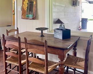 ANTIQUE TABLE, VINTAGE WOOD THRUSH SEAT CHAIRS