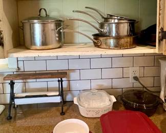 POTS AND PANS, PYREX, CORNING, VINTAGE PAPER TOWEL STAND