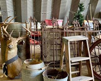 VINTAGE WOODEN LADDER, VINTAGE METAL BUCKETS, TAXIDERMY, DECORATIVE WROUGHT IRON GATES