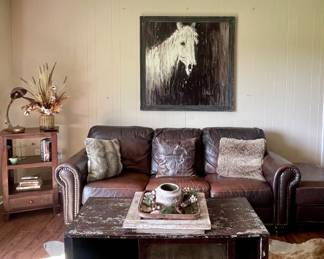 INDUSTRIAL METAL COFFEE TABLE, LEATHER SOFA, FRAMED HORSE ART, SHABBY CHIC DECOR