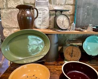 VINTAGE POTTERY PITCHER, CROCK BOWLS, VINTAGE SCALES