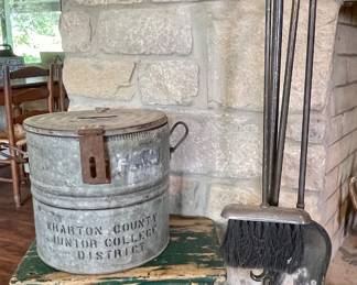VINTAGE WHARTON COUNTY JUNIOR COLLEGE BALLOT BOX, VINTAGE STOOL, DEER ANTLER FIREPLACE TOOLS