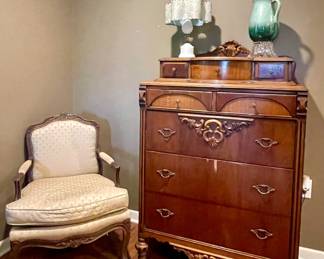 ANTIQUE DRESSER, HOBNAIL MILK GLASS LAMP, VINTAGE ARM CHAIR