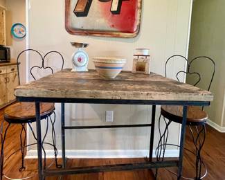 OLD METAL 7UP SIGN, METAL BAR TABLE, ANTIQUE WOOD SEAT BISTRO TALL STOOLS