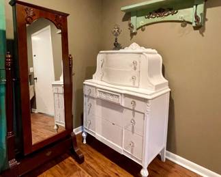ANTIQUE SHABBY CHIC DRESSER, TALL STANDING JEWELRY BOX WITH MIRROR, SHABBY CHIC WALL SHELF