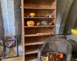 WOODEN SHELVES, WICKER CHAIR