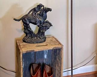 CRATE, BOOTS, WESTERN STATUE, BRANDING IRON