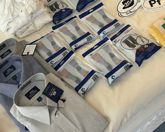 Lot 39: Stafford Wrinkle-Free Dress Shirts, Compression Sleeves, White T-Shirts, Patient Socks, and Stickers