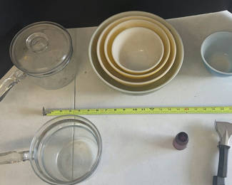 Lot 124: Glass Saucepans, Mixing Bowls, and Kitchen Utensils