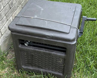 Lot 157: Outdoor Hose Reel Box, Side Table, and Garden Figurines
