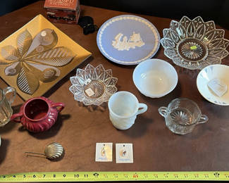 Lot 93: Assorted Vintage Glassware, Ceramic Bowls, Decorative Plates, and Pins