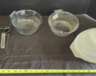 Lot 103: Glass Bowls, Divided Serving Dish, and Kitchen Utensils