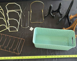 Lot 101: Assorted Wire Racks, Display Stands, and Plastic Storage Basket