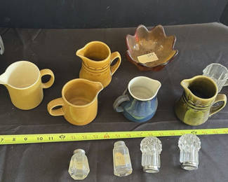 Lot 111: Assorted Ceramic Pitchers, Glass Shakers, and Serving Pieces