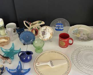 Lot 66: Assorted Decorative Plates, Glassware, Pitcher, and Ceramic Serving Pieces